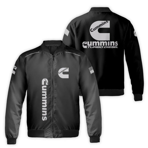 Diesel Engine Bomber Jacket | Cummins Turbo Logo & American Flag | Premium Nylon Streetwear | Trucker & Mechanic Gift