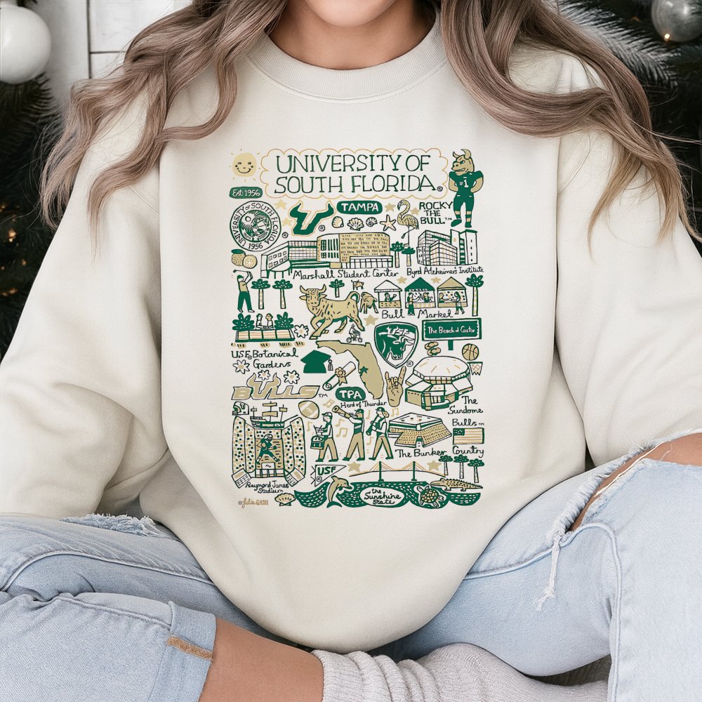 University Of South Florida Sweatshirt | USF Bulls Campus Map Illustration | Premium Cotton Blend Crewneck | Tampa College Al