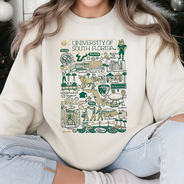 University Of South Florida Sweatshirt | USF Bulls Campus Map Illustration | Premium Cotton Blend Crewneck | Tampa College Al