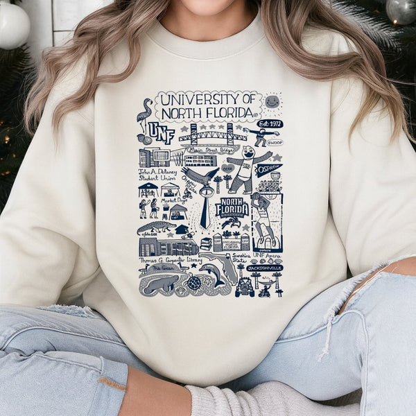 University Of North Florida Sweatshirt | UNF Ospreys Campus Map Doodle | Premium Cotton Blend | Gift For UNF Students Alumni 