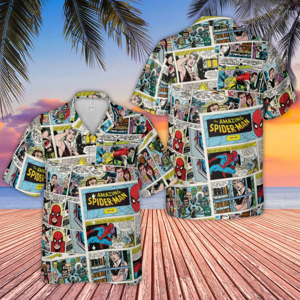 Comic Book Collage Hawaiian Shirt | Retro Spider-Man Graphic Print | Lightweight Woven Polyester | Summer Vacation Gift For M