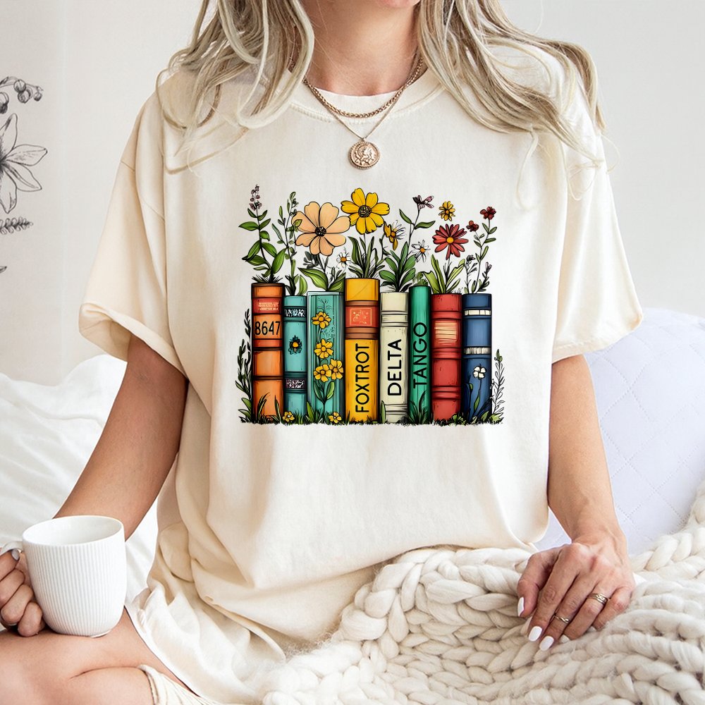 Floral Book Stack T-Shirt | Whimsical Library Reading Graphic | 100% Cotton Premium Tee | Activist Gift for Book Lovers