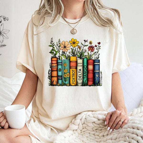 Floral Book Stack T-Shirt | Whimsical Library Reading Graphic | 100% Cotton Premium Tee | Activist Gift for Book Lovers