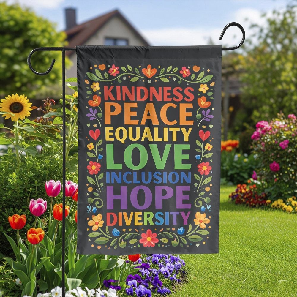 Pride Garden Flag | Kindness Peace Love Equality Floral Design | Double Sided Premium Fabric | LGBTQ Ally Yard Decor Gift