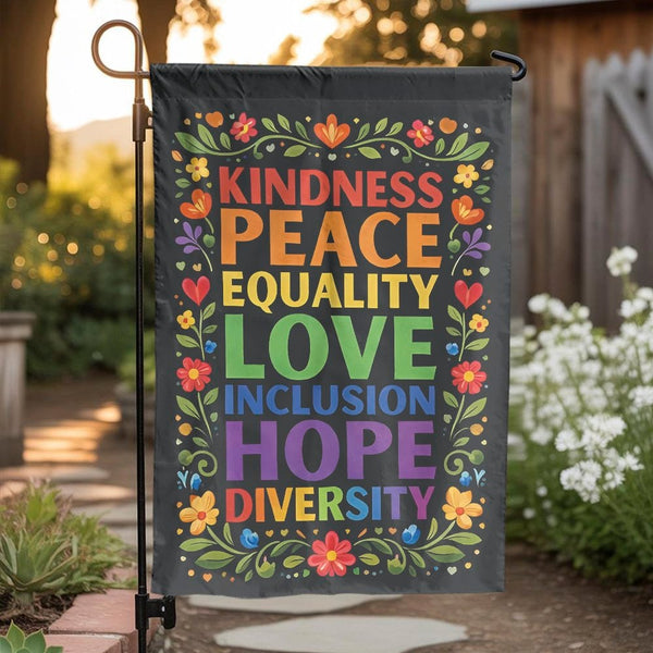 Pride Garden Flag | Kindness Peace Love Equality Floral Design | Double Sided Premium Fabric | LGBTQ Ally Yard Decor Gift
