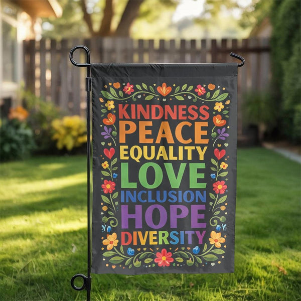 Pride Garden Flag | Kindness Peace Love Equality Floral Design | Double Sided Premium Fabric | LGBTQ Ally Yard Decor Gift