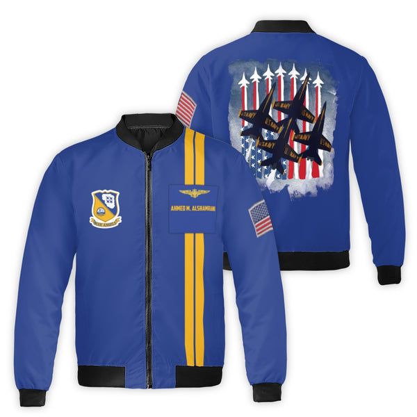 Custom Name Blue Angels Bomber Jacket | Patriotic Jet Flight Team Design | Premium All-Over Print | Personalized Gift for Avi