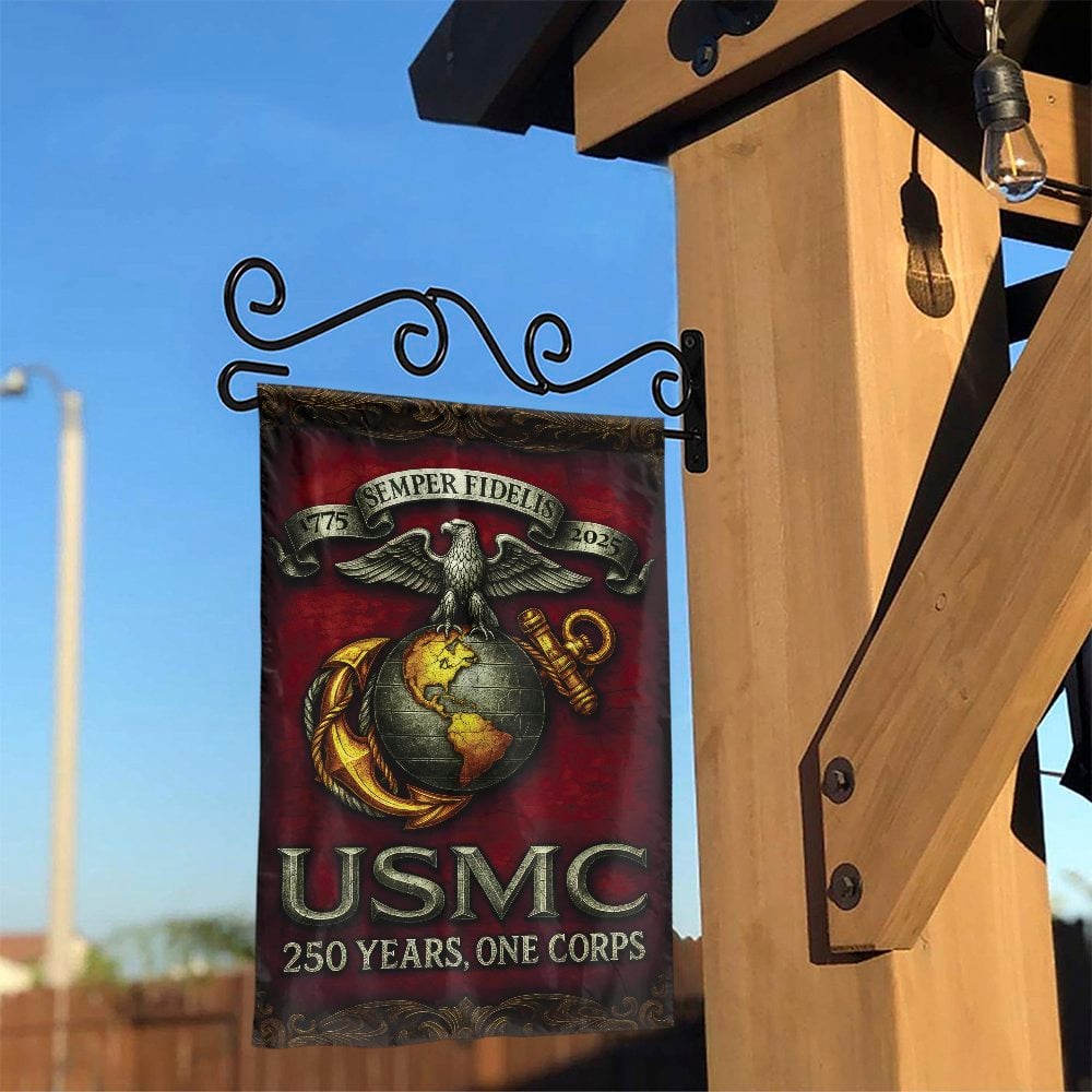 US Marine Corps Garden Flag | USMC 250th Anniversary Design | Double Sided Weather Resistant Polyester | Patriotic Veteran Gi