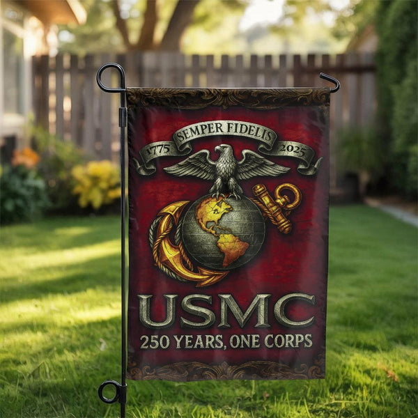 US Marine Corps Garden Flag | USMC 250th Anniversary Design | Double Sided Weather Resistant Polyester | Patriotic Veteran Gi