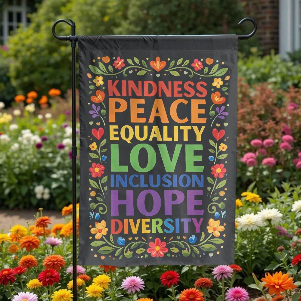 Pride Garden Flag | Kindness Peace Love Equality Floral Design | Double Sided Premium Fabric | LGBTQ Ally Yard Decor Gift