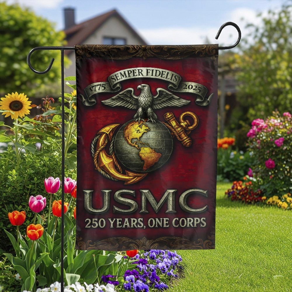 US Marine Corps Garden Flag | USMC 250th Anniversary Design | Double Sided Weather Resistant Polyester | Patriotic Veteran Gi