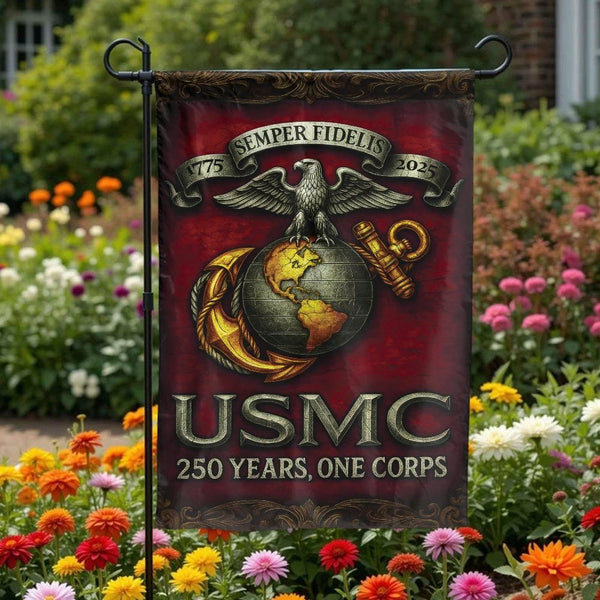 US Marine Corps Garden Flag | USMC 250th Anniversary Design | Double Sided Weather Resistant Polyester | Patriotic Veteran Gi