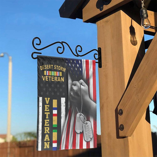 Desert Storm Veteran Garden Flag | American Flag & Dog Tags Design | Premium Weather-Resistant Polyester | Patriotic Military