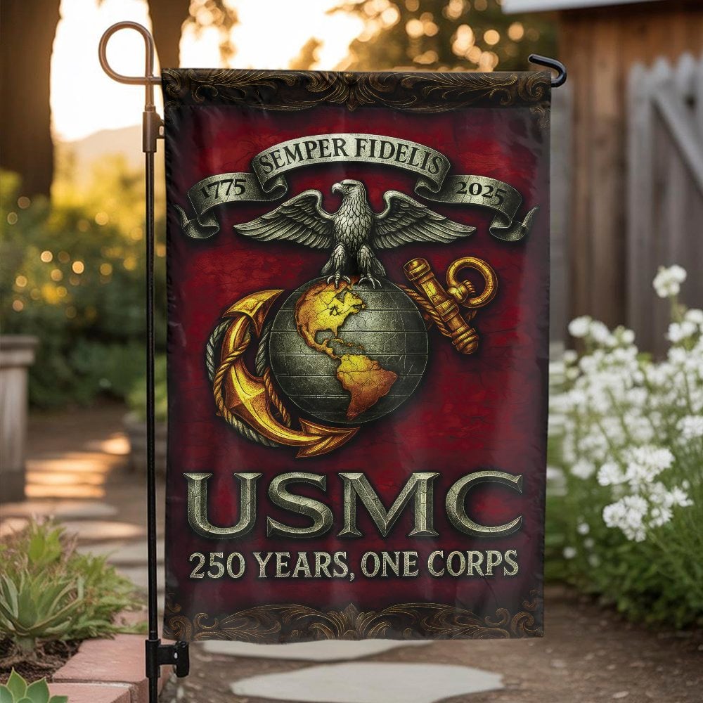 US Marine Corps Garden Flag | USMC 250th Anniversary Design | Double Sided Weather Resistant Polyester | Patriotic Veteran Gi