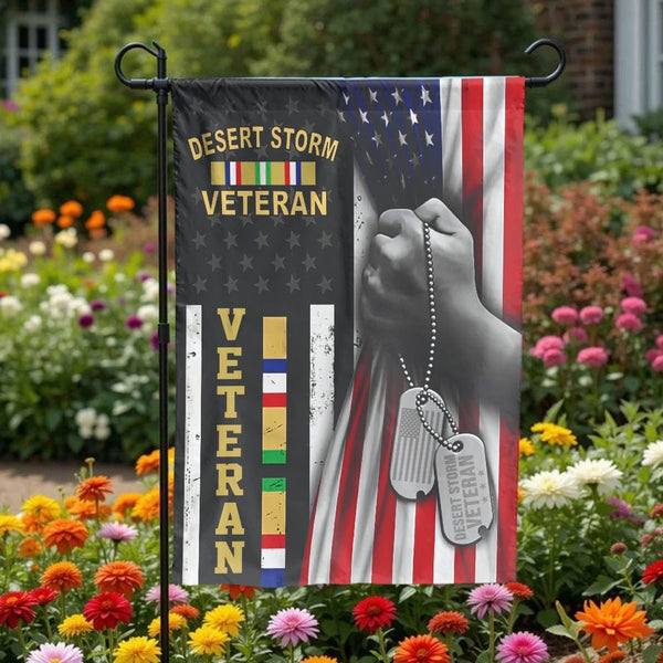 Desert Storm Veteran Garden Flag | American Flag & Dog Tags Design | Premium Weather-Resistant Polyester | Patriotic Military