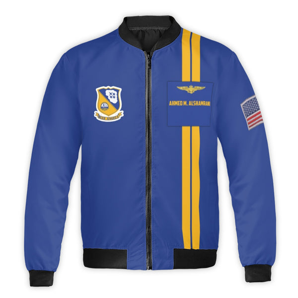 Custom Name Blue Angels Bomber Jacket | Patriotic Jet Flight Team Design | Premium All-Over Print | Personalized Gift for Avi