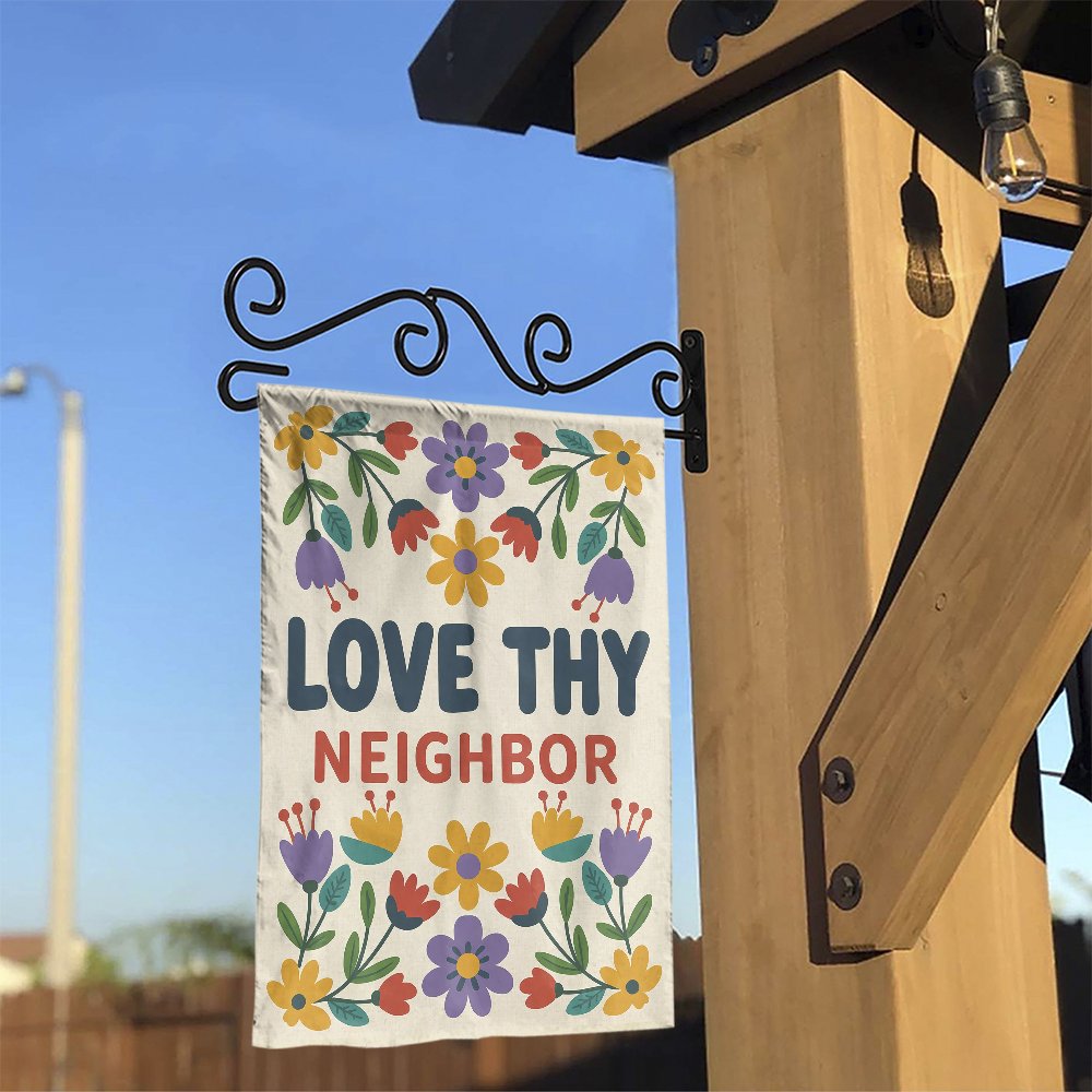 Love Thy Neighbor Garden Flag | Retro Floral Design | Premium Weather-Resistant Polyester | Welcome Yard Decor for Home & Pat